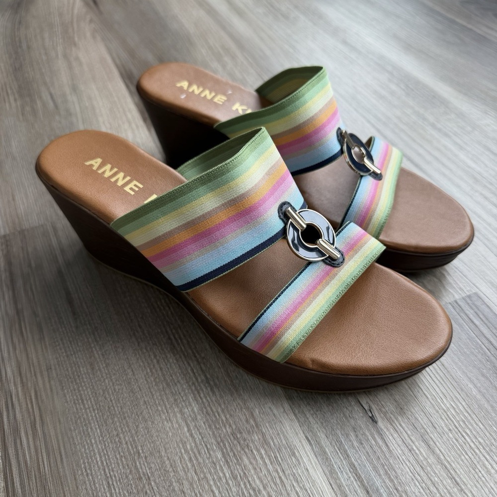 Anne Klein Womens Hadya Wedge Sandal Sz 9 Rainbow Striped Slip On Retro BOHO Y2K
